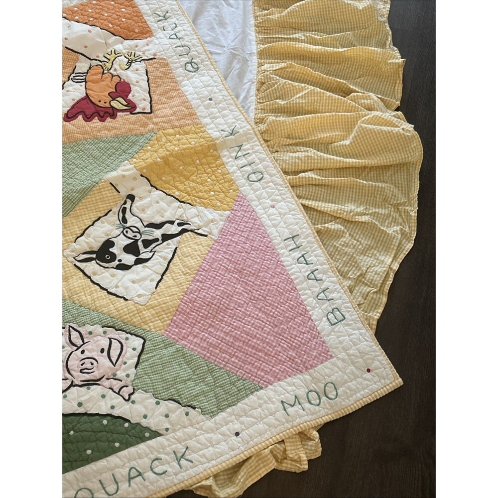 Vtg Barnyard Baby Quilt Crib Size Chickens Duck Cow Gingham And Crib Dust Ruffle